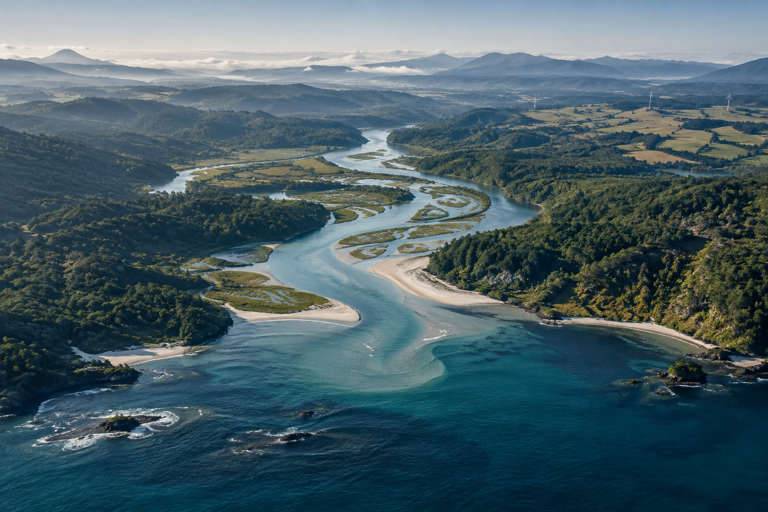 An aerial view of a winding estuary, forest and farmland, with wind turbines on the distant hills.